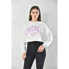 MROTTO - Polerón Crop Blanco Mujer con Letras y Puños Ajustados
