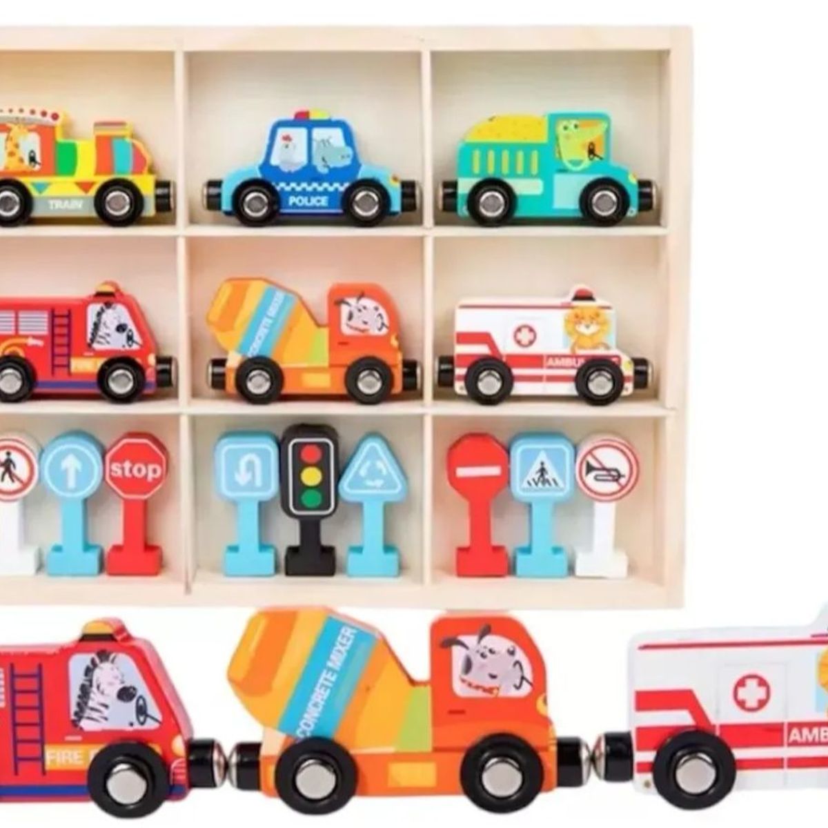 GENERICO - Set 6 Vehículos Madera Con Imanes Señales De Tránsito Y Caja
