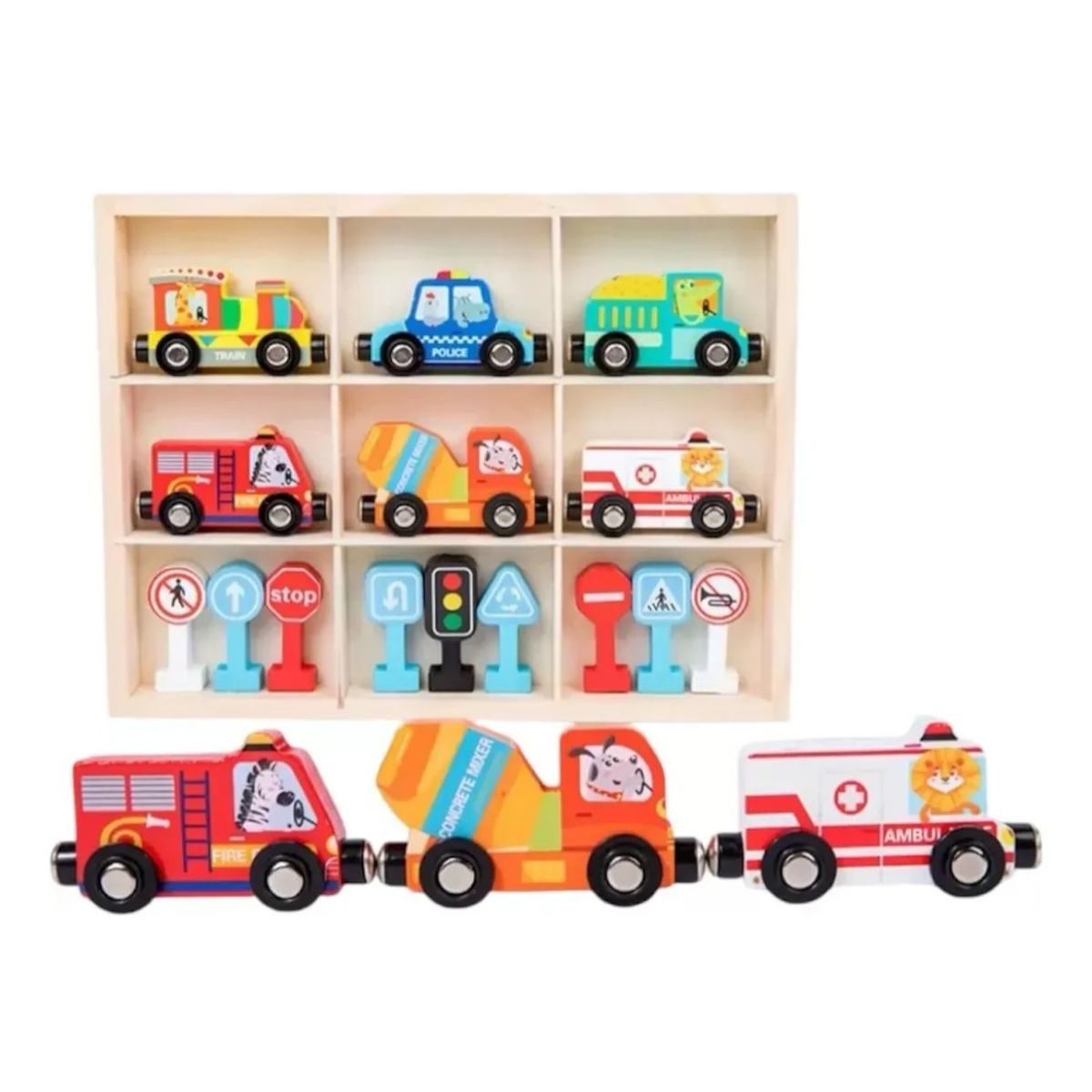 GENERICO - Set 6 Vehículos Madera Con Imanes Señales De Tránsito Y Caja