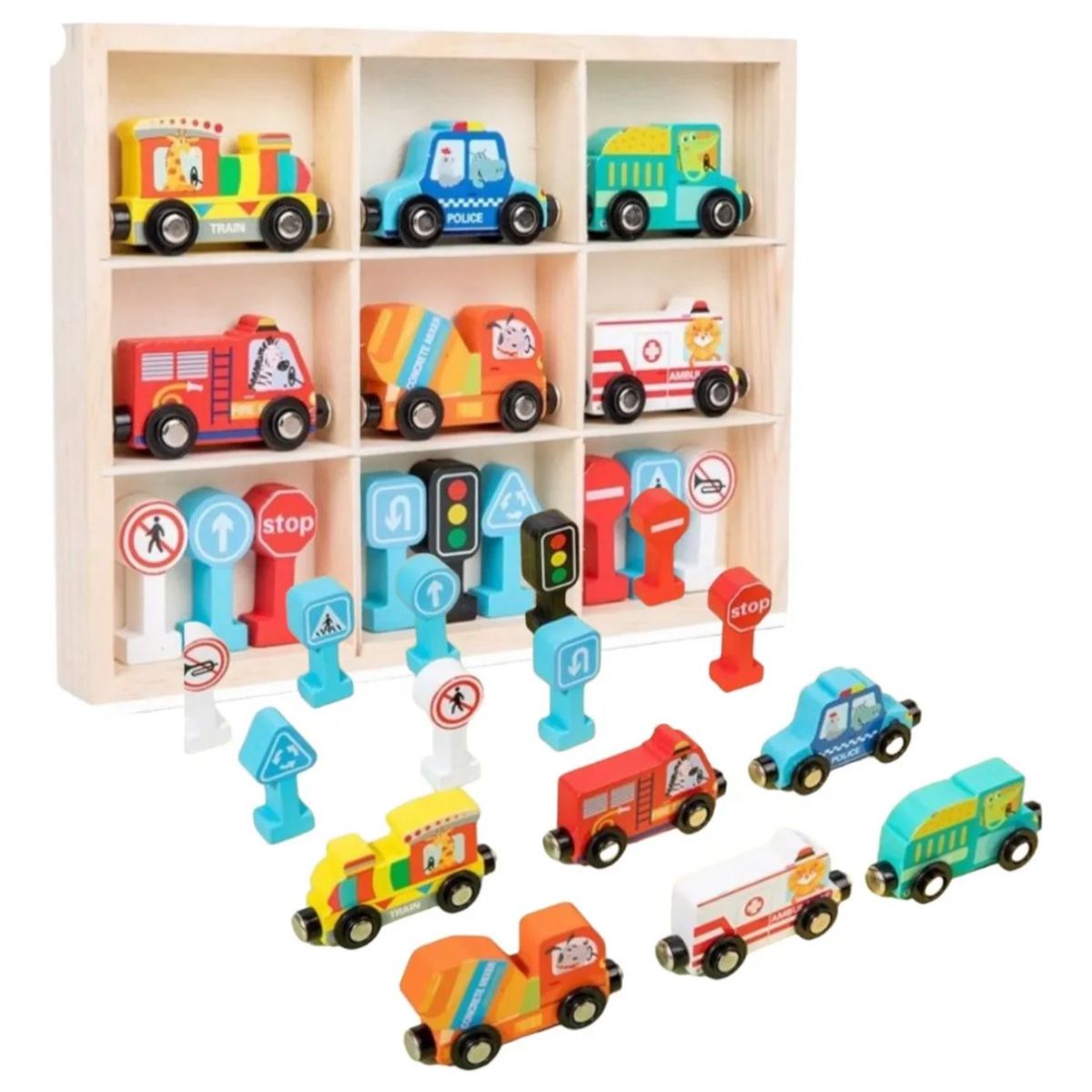 GENERICO - Set 6 Vehículos Madera Con Imanes Señales De Tránsito Y Caja
