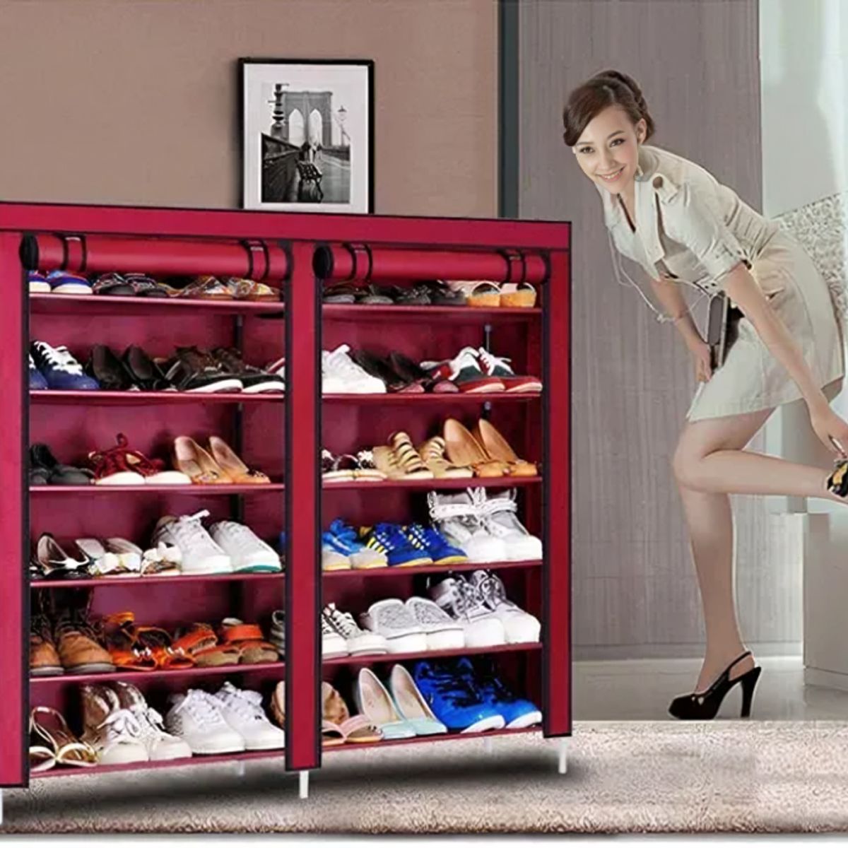 SIRENA - Zapatero de tela burdeo con estructura liviana y diseño funcional