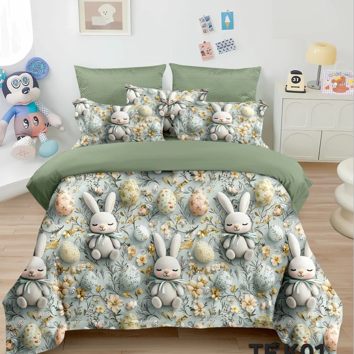 GENERICO - CUBRECAMA QUILT DISEÑOS 5D VERDE CONEJO MODERNO DECORATIVO TF VERANO