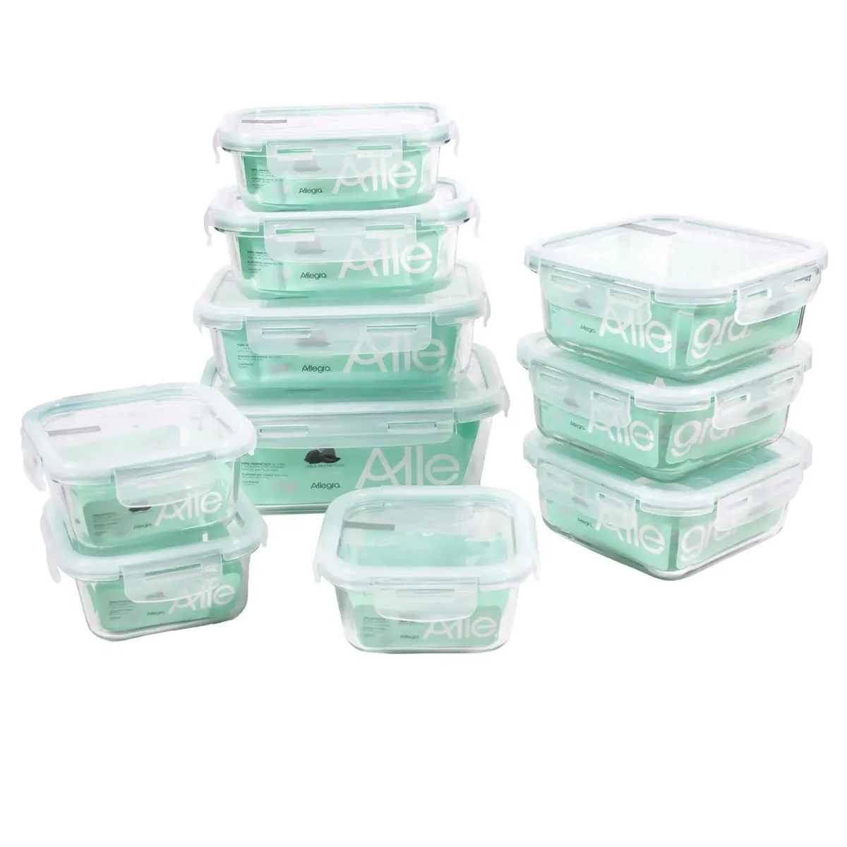 ALLEGRA - Set 10 Contenedores Tapers Hermeticos Vidrio Allegra