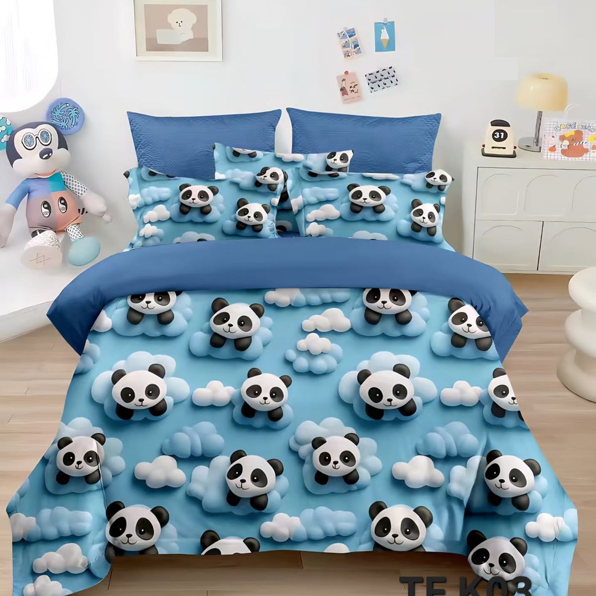 GENERICO - CUBRECAMA QUILT DISEÑOS 5D AZUL OSO PANDA MODERNO DECORATIVO TF VERANO