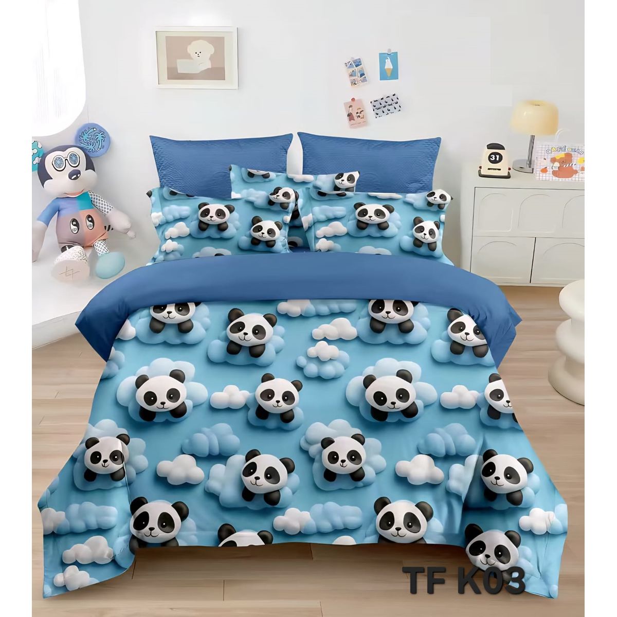 GENERICO - CUBRECAMA QUILT DISEÑOS 5D AZUL OSO PANDA MODERNO DECORATIVO TF VERANO
