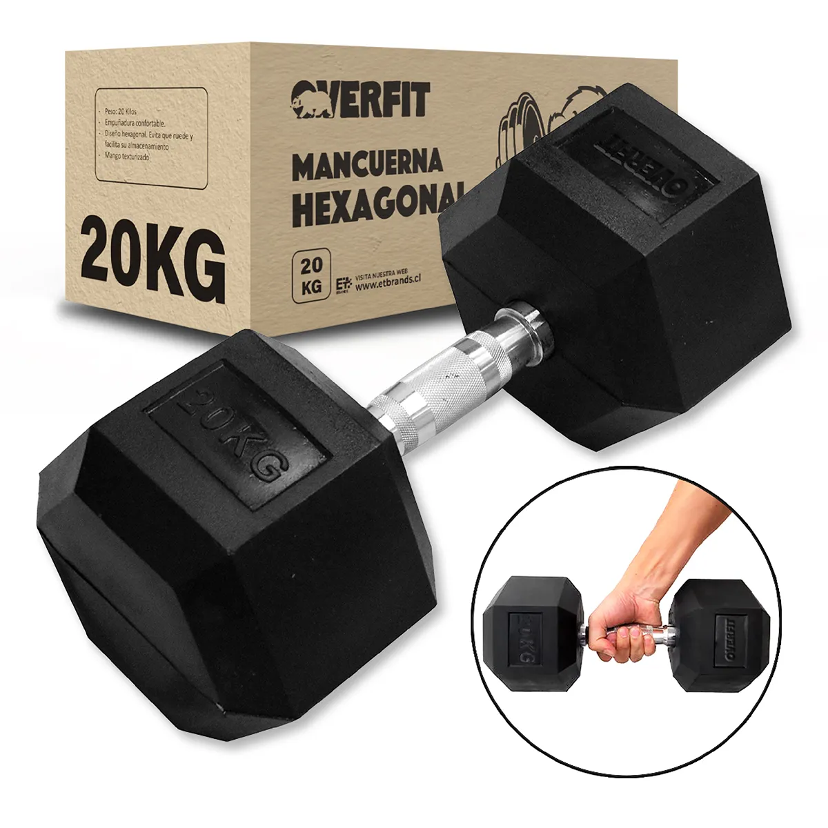 OVERFIT - Mancuerna Hexagonal 20Kg  Acero Y Caucho Overfit Fitness