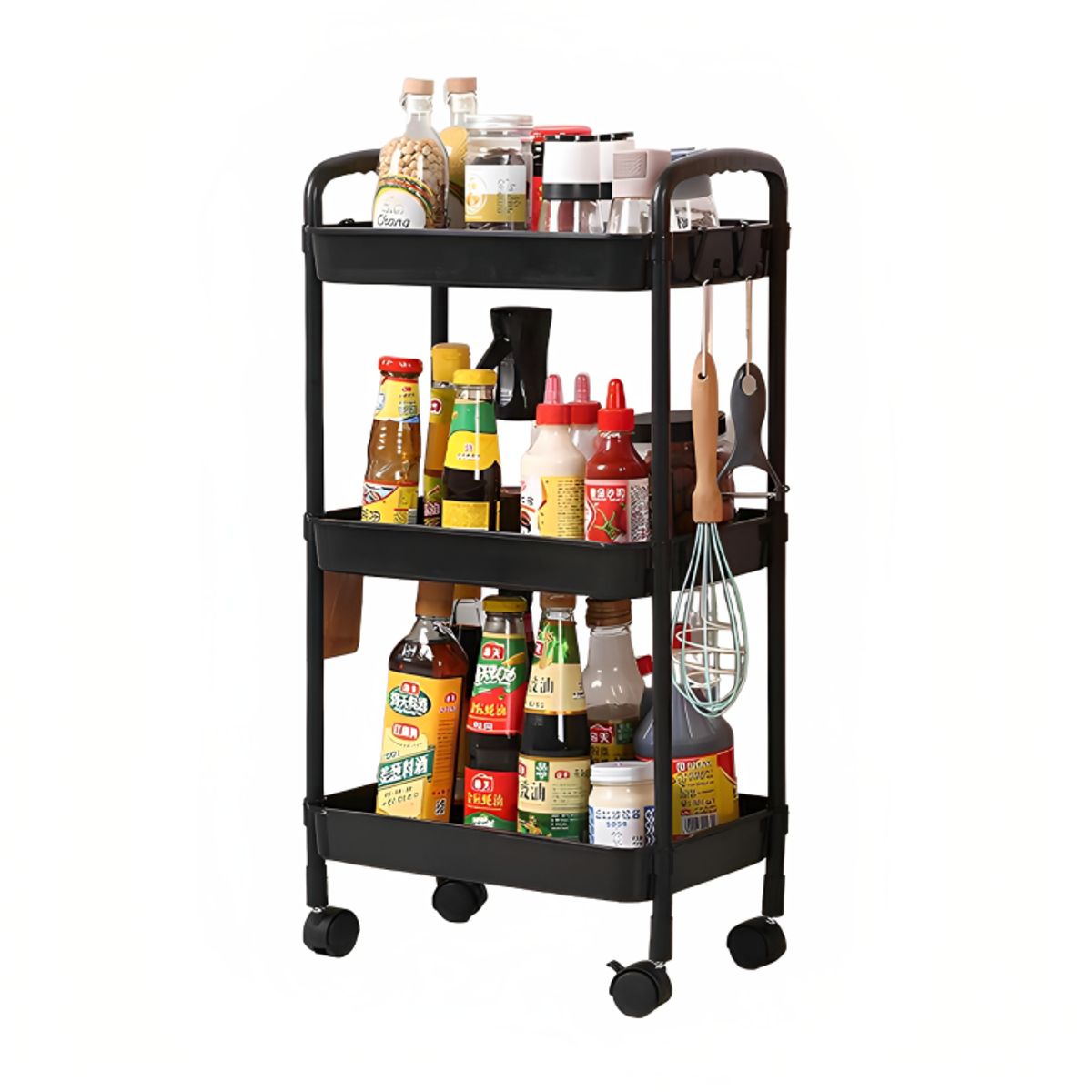 SIRENA - Carrito organizador negro de 3 niveles con ruedas para cocina