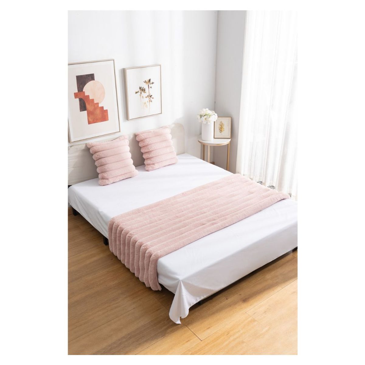 GENERICO - Set de Piecera + 2 Fundas Peluda Líneas 70 x 210 cm - Rosado