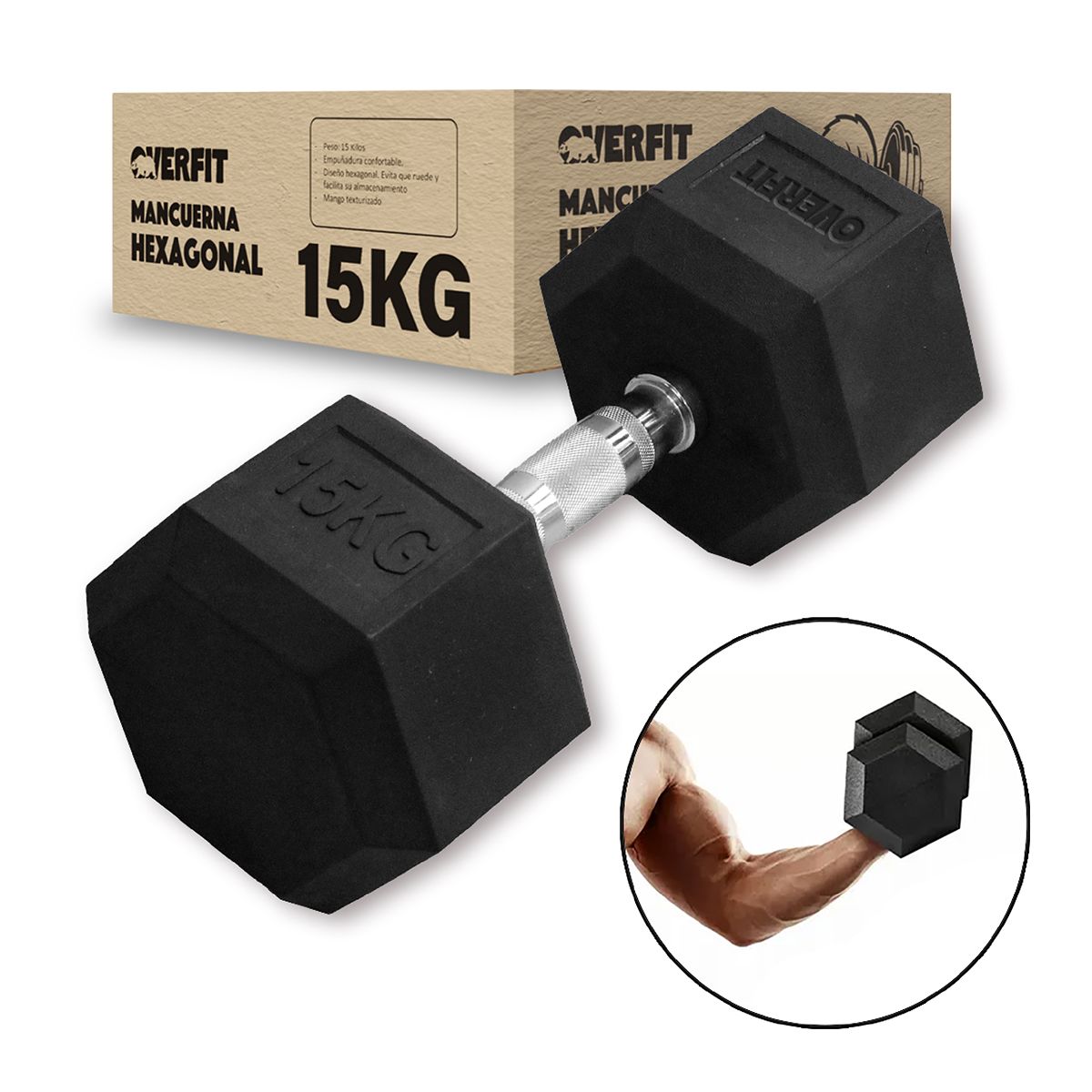 OVERFIT - Mancuerna Hexagonal 15Kg  Acero Y Caucho Overfit Fitness