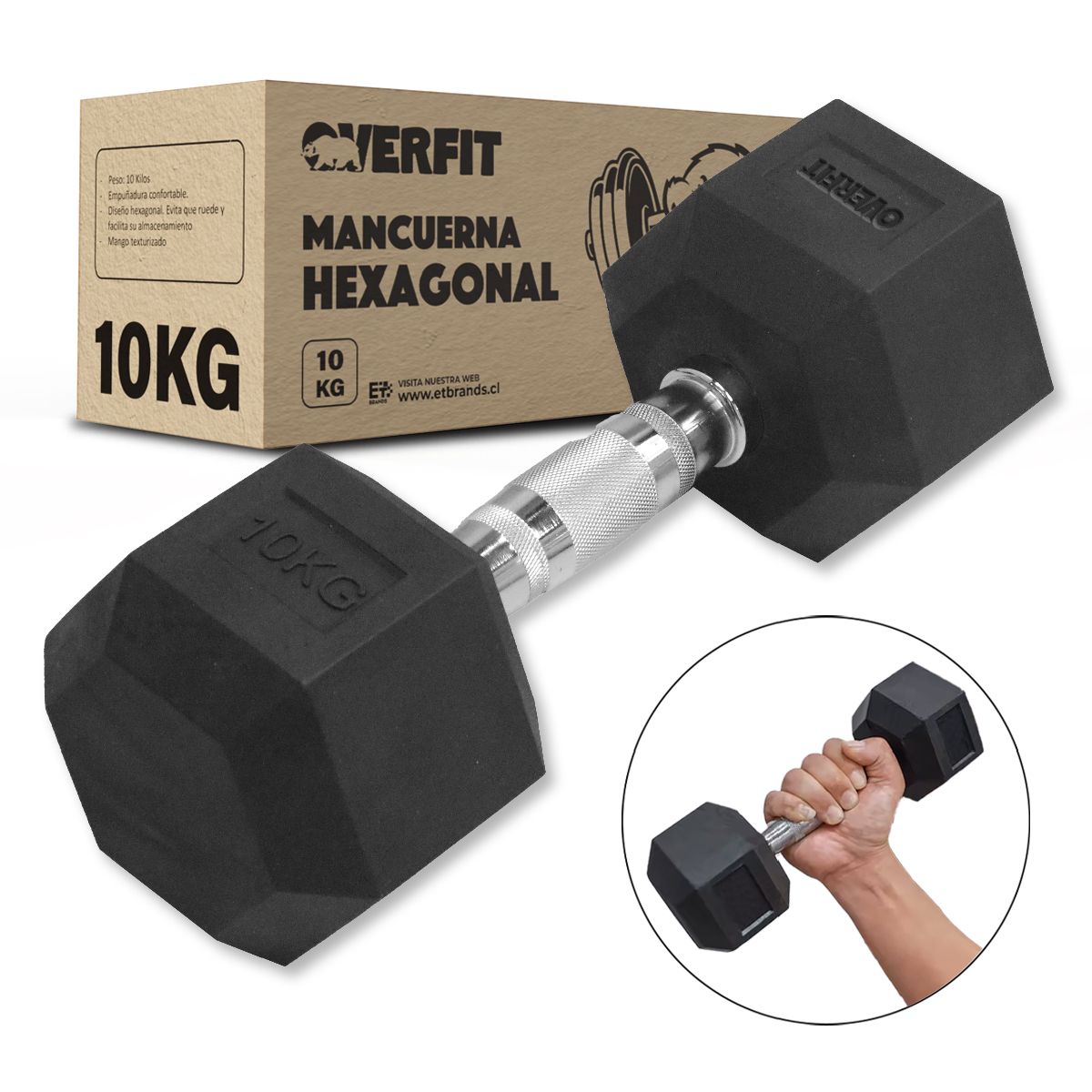 OVERFIT - Mancuerna Hexagonal 10 Kg Acero Y Caucho Overfit