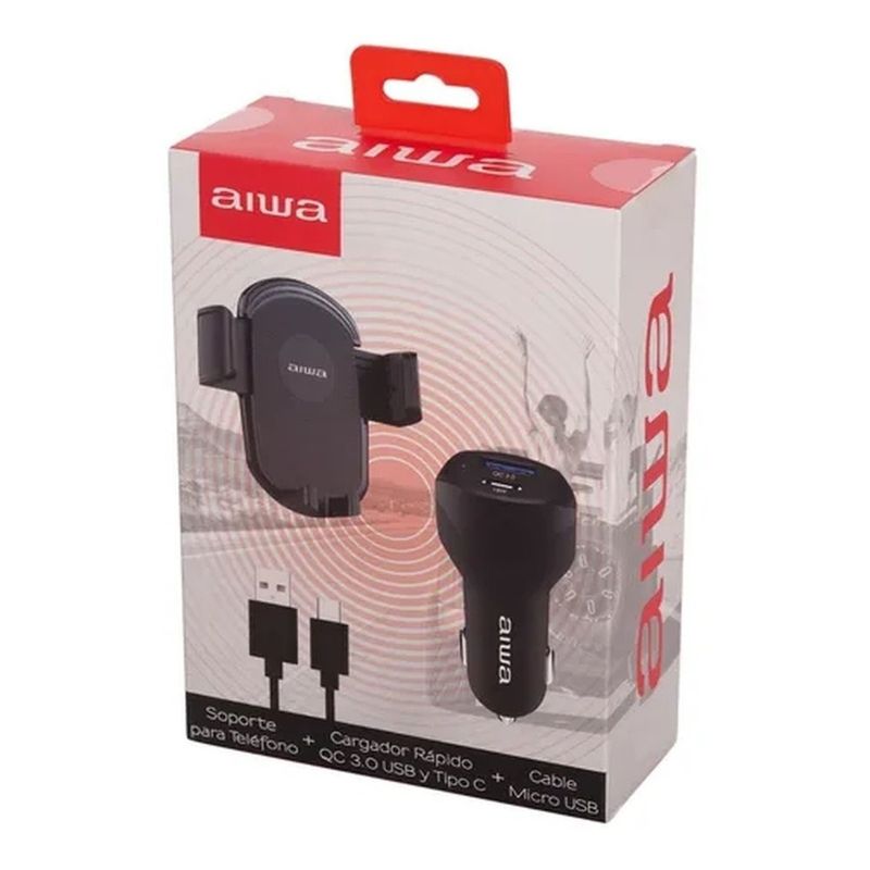 AIWA - Cargador De Auto Aiwa Mas Soporte Teléfono Aw-h73c
