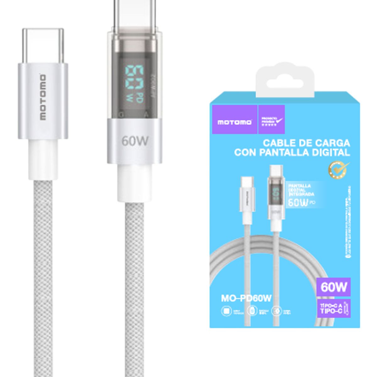 MOTOMO - Cable Usb 60w 1m Tipo-c/tipo-c Pantalla Led Motomo Mo-pd60w