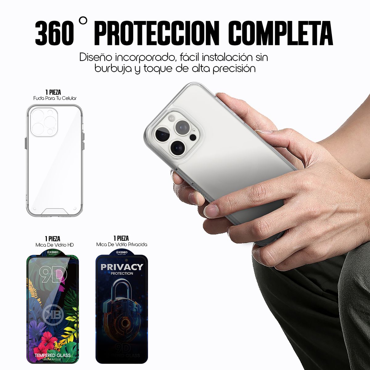 KBOD - Kit Carcasa + Lamina Vidrio + Lamina Anti Espía Para iPhone 14 Pro