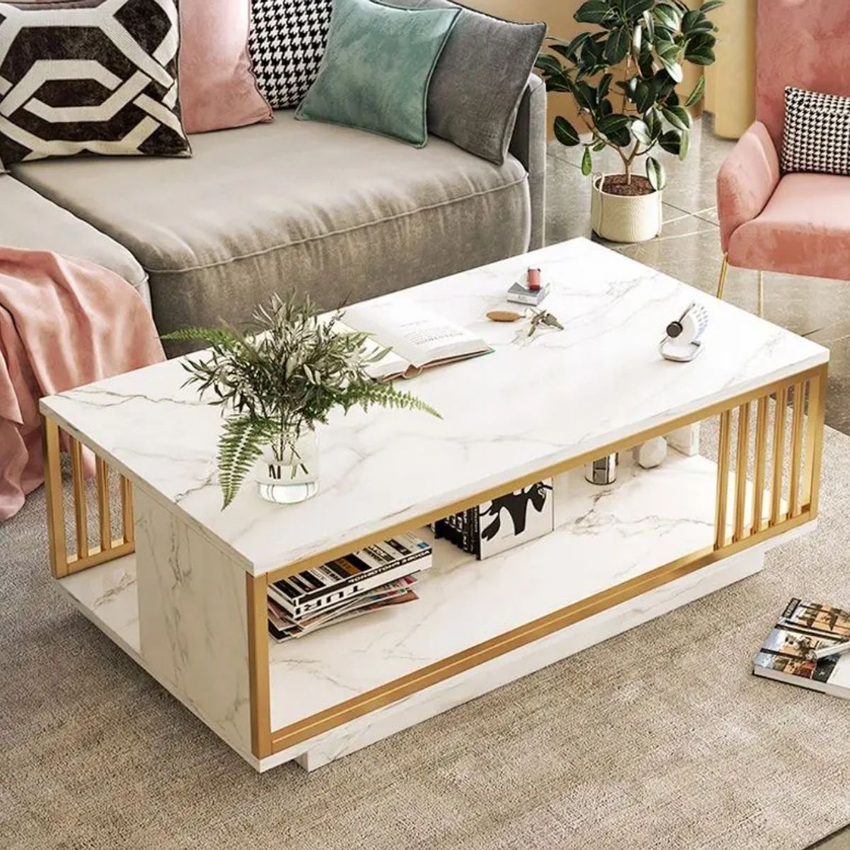 GENERICO - MESA CENTRO MODERNA DISEÑO MARMOL MDF RECTANGULAR