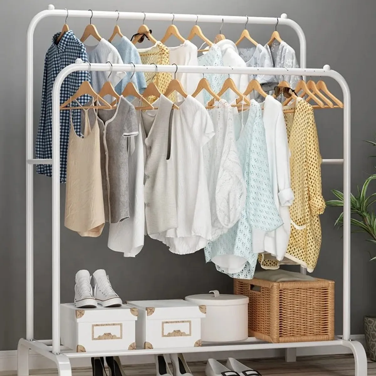 ACTUAL - Perchero Blanco Doble Organizador de Ropa Resistente Hasta 35 Kilos