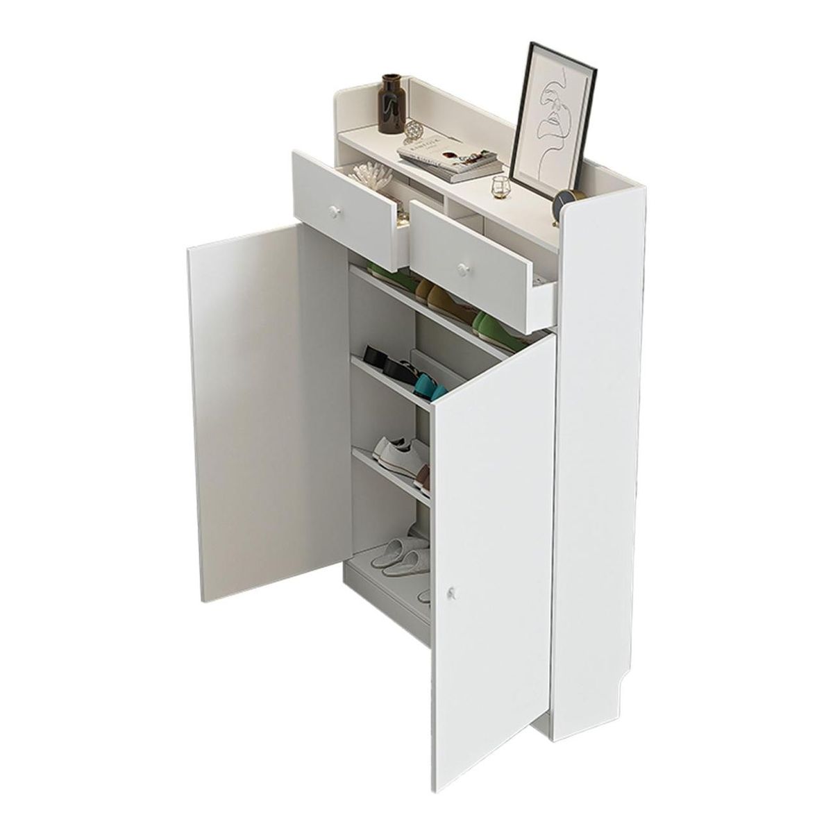 ACTUAL - Zapatero Slim Multifuncional Blanco 120x80x20 Cajones 2 Puertas