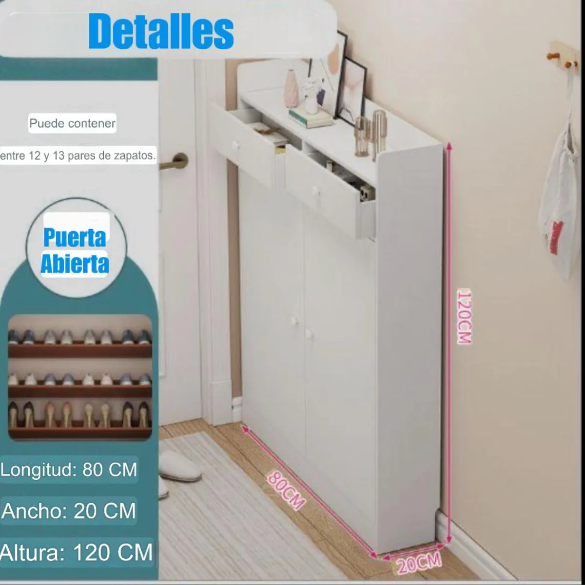 ACTUAL - Zapatero Slim Multifuncional Blanco 120x80x20 Cajones 2 Puertas