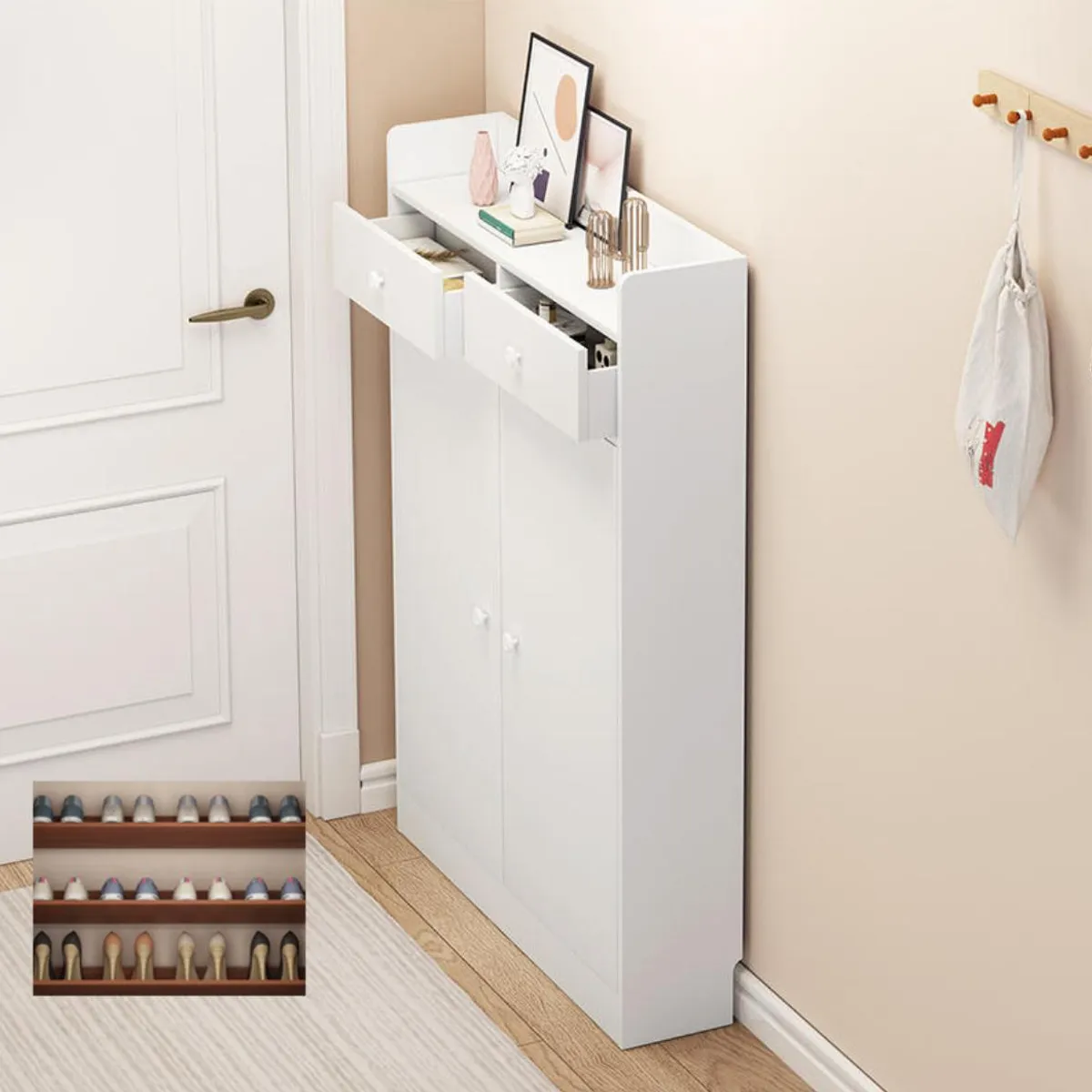 ACTUAL - Zapatero Multifuncional Blanco Slim 120x80x20 Cajones 2 Puertas