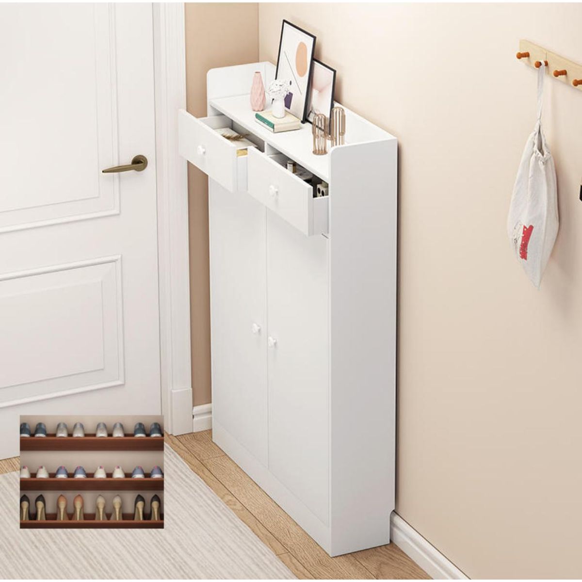 ACTUAL - Zapatero Multifuncional Blanco Slim 120x80x20 Cajones 2 Puertas