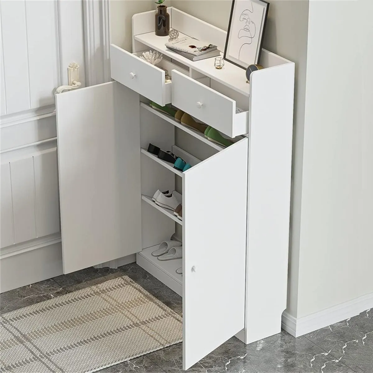 ACTUAL - Zapatero Multifuncional Blanco Slim 120x80x20 Cajones 2 Puertas