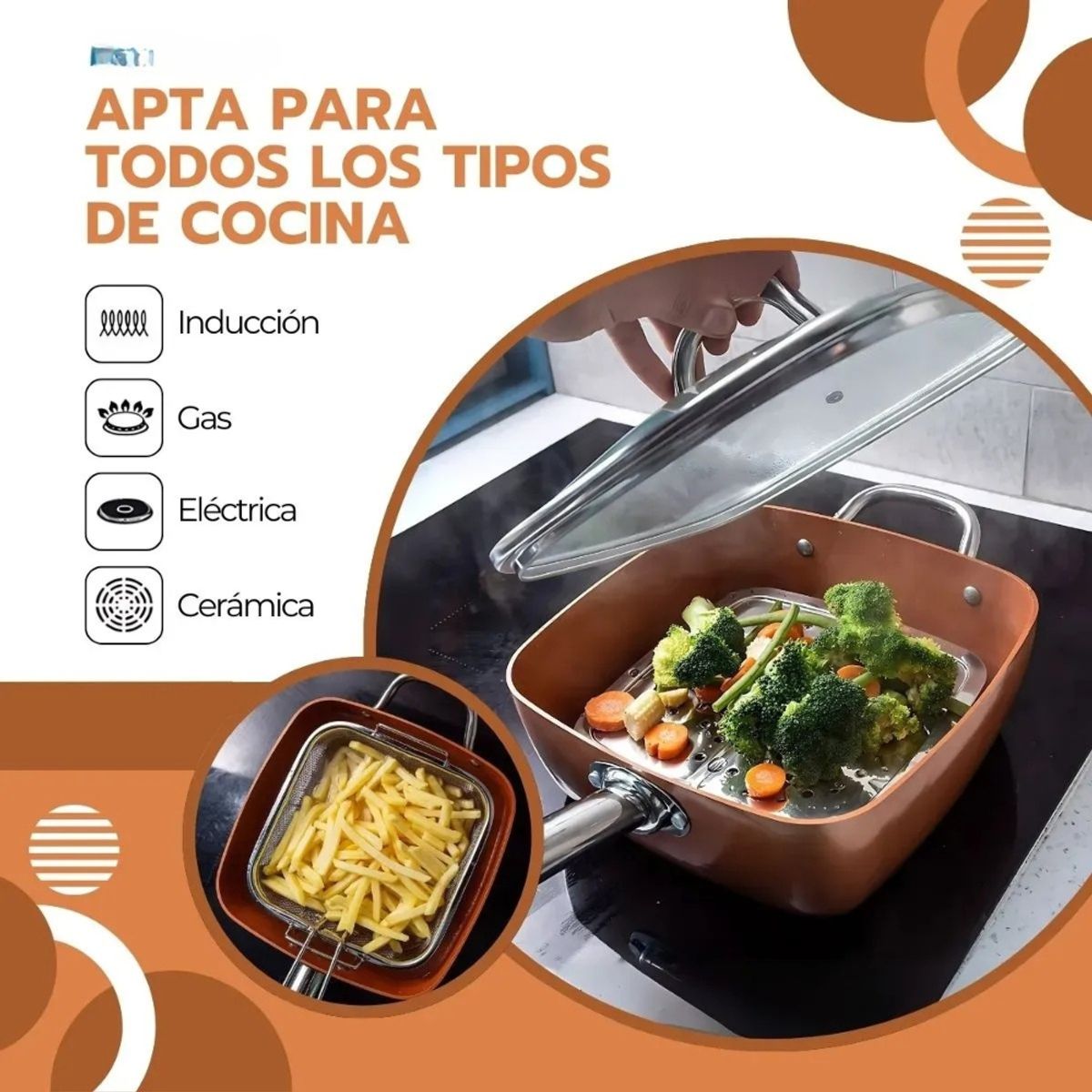 MOVI - Olla De Cobre Multiuso Antiadherente Cesta Freír Cerámica con accesorios