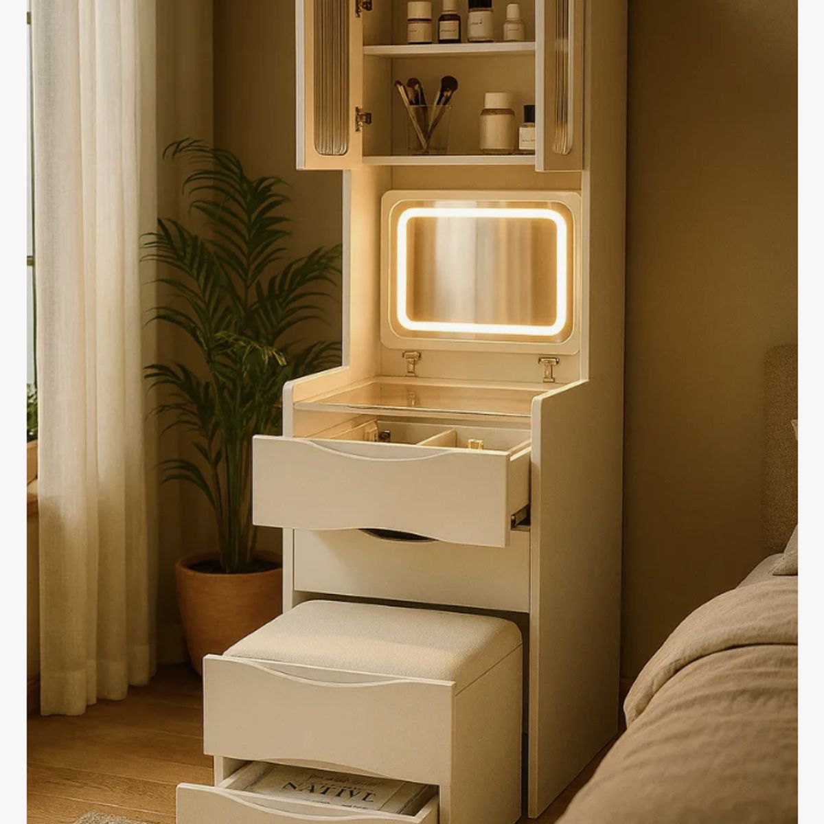 HOMER DESIGN - Tocador Lujo Espejo Tipo Velador Con Taburete Con Luz 160cm