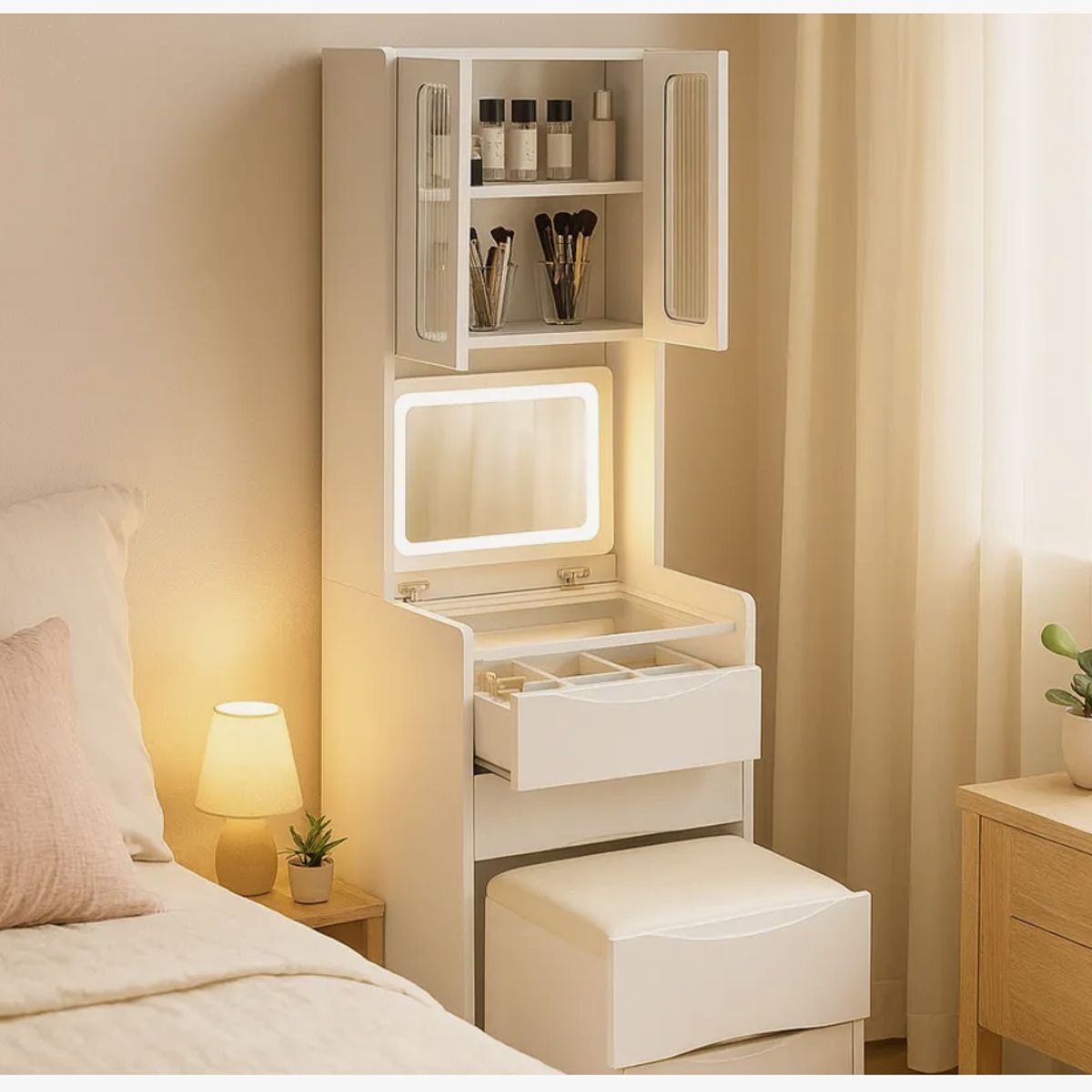 HOMER DESIGN - Tocador Lujo Espejo Tipo Velador Con Taburete Con Luz 160cm