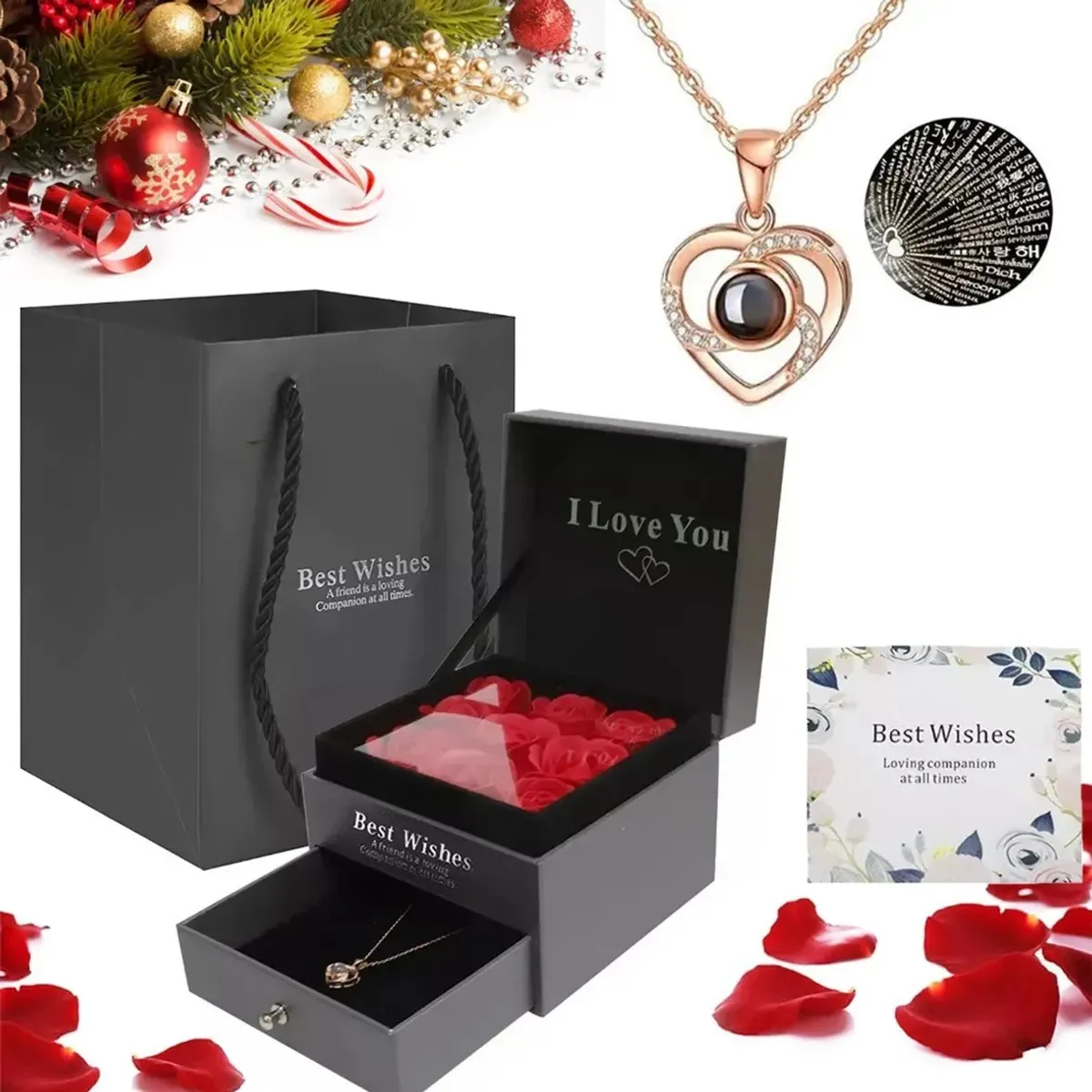 KUANGYE - Caja De Regalo Con Collar Y Rosas Eternas Rojas