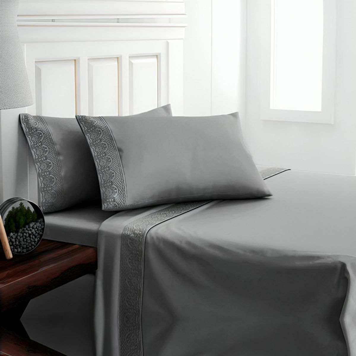 DORAL - Sábanas Microfibra Broderie Santorini  Gris