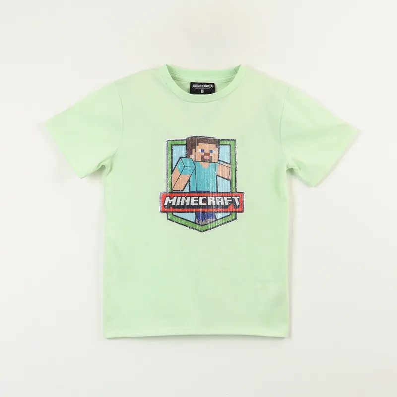 MINECRAFT - Polera Manga Corta Niño Lentejuelas Duo Verde Minecraft