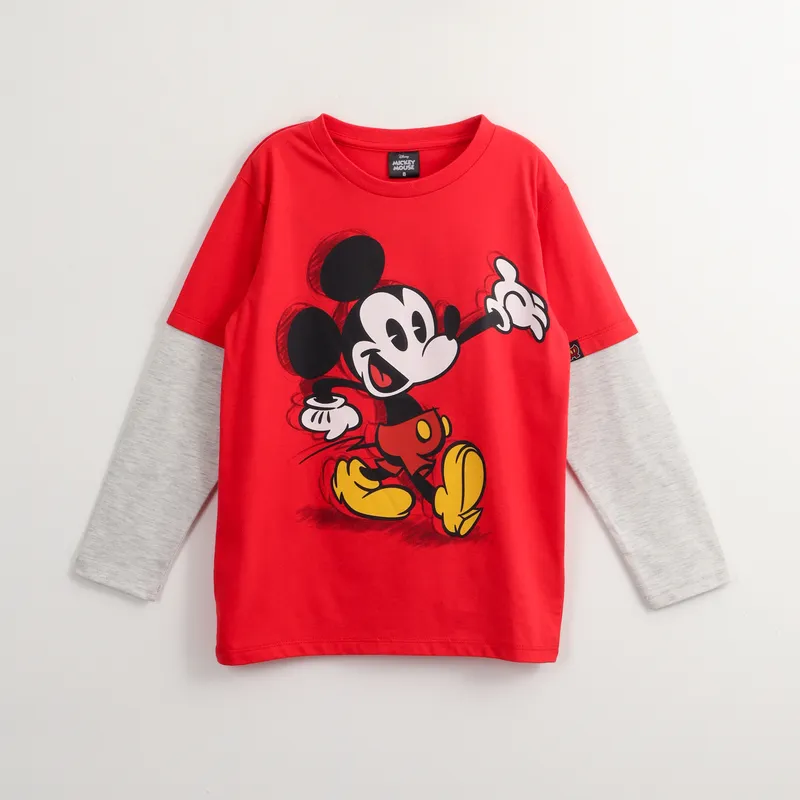 DISNEY - Polera Manga Larga Niño Mickey Doble Manga Rojo Disney