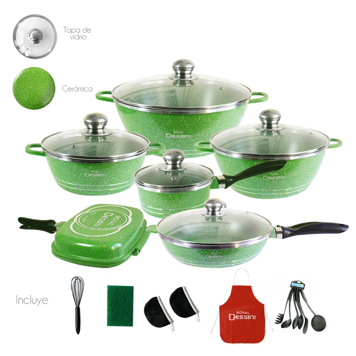 GENERICO - Juego de Ollas Completo Granito 23 piezas Verde