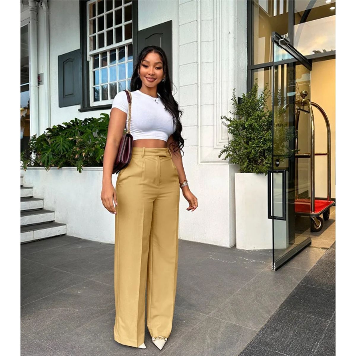 VELVET - Pantalon Amplio Beige Wide Leg