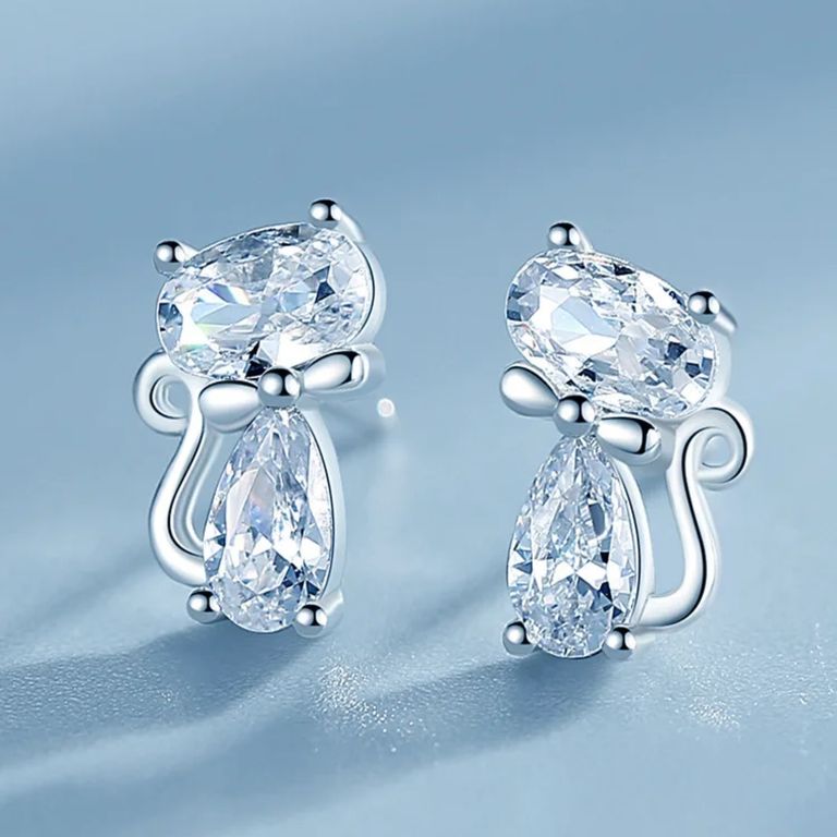 Aros Gato Elegantes en Plata 925 Plateado TALLA UNICA