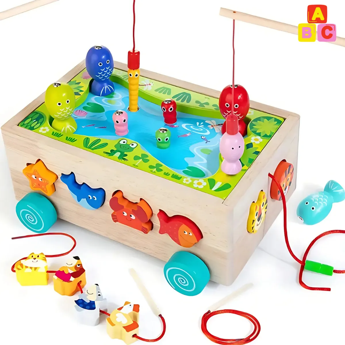ABC - Juego de Pesca Magnética 2 en 1 con Carrito de Madera