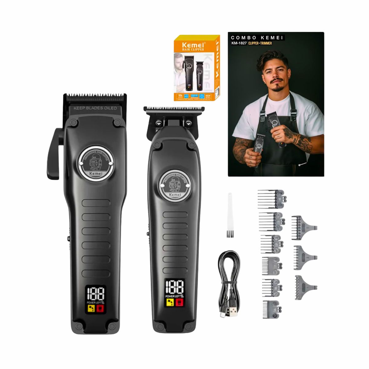 KEMEI - Combo Kemei Profesional de Cortadora y Patillera KM 1827 Negro