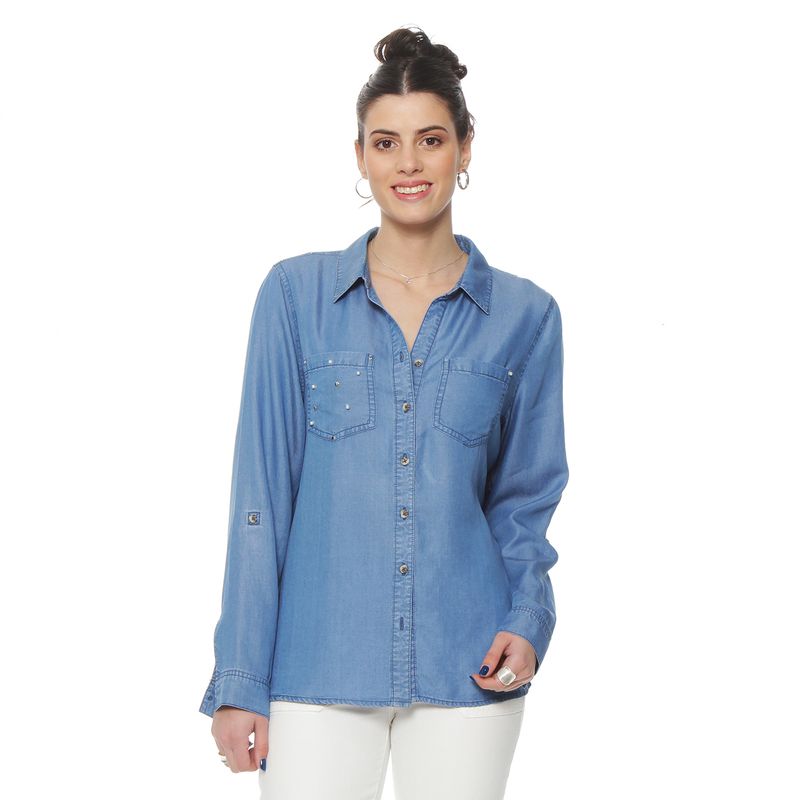 WADOS - BLUSA DENIM CUELLO CAMISERO APLICACION TACHAS Y PERLAS