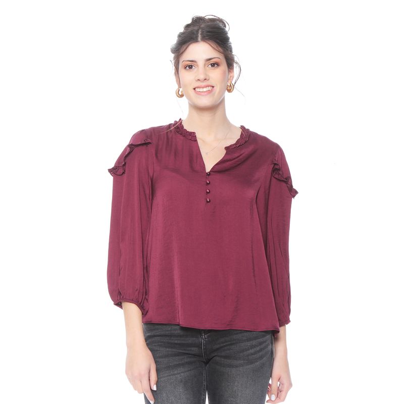 WADOS - BLUSA MANGA LARGA SATINADA CON ALICACION EN ESCOTE Y MANGAS.
