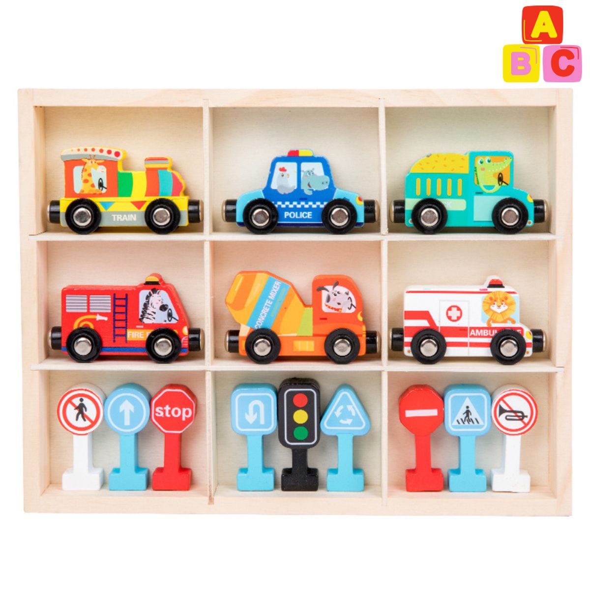 ABC - Tren & Vehículos con Señales de Tránsito de Madera
