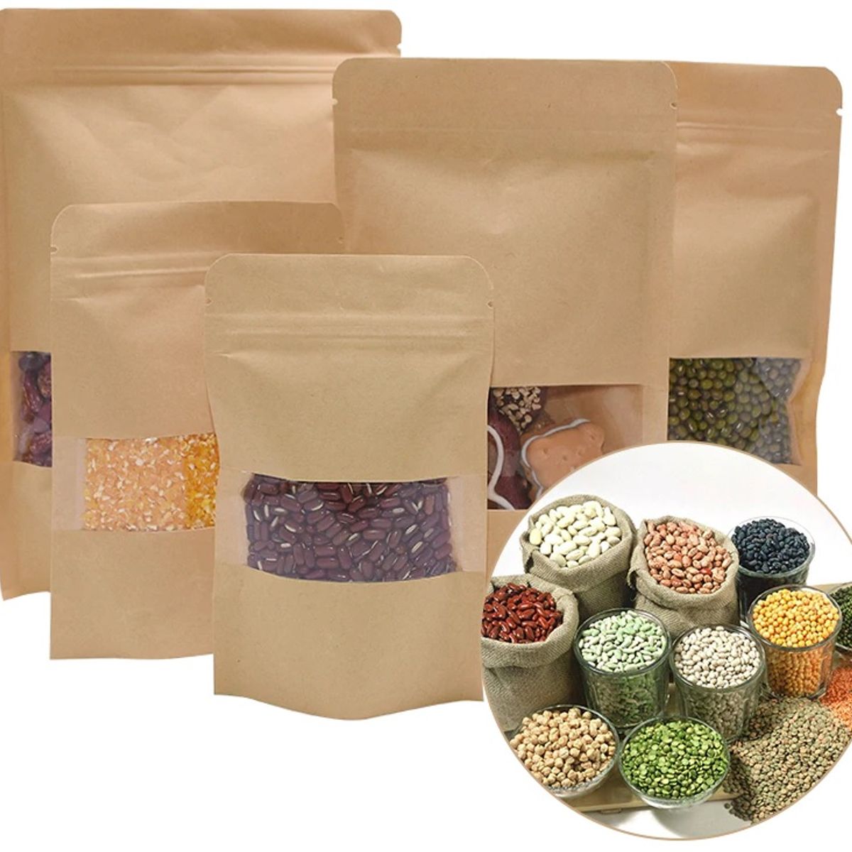 GENERICO - 150 Bolsas Kraft Doypack 16x22x5 cm con ventana Cierre Hermético