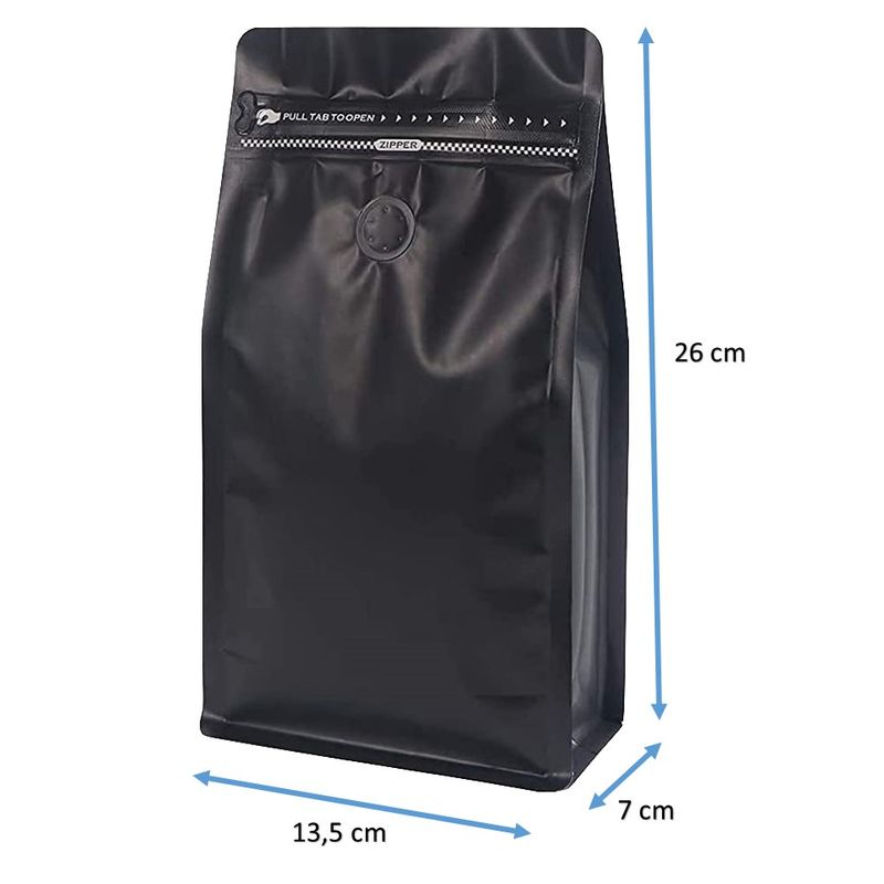 GENERICO - 50 Bolsas Para Café Con Válvula 13x26x7 Cm Negro para 500 grs.