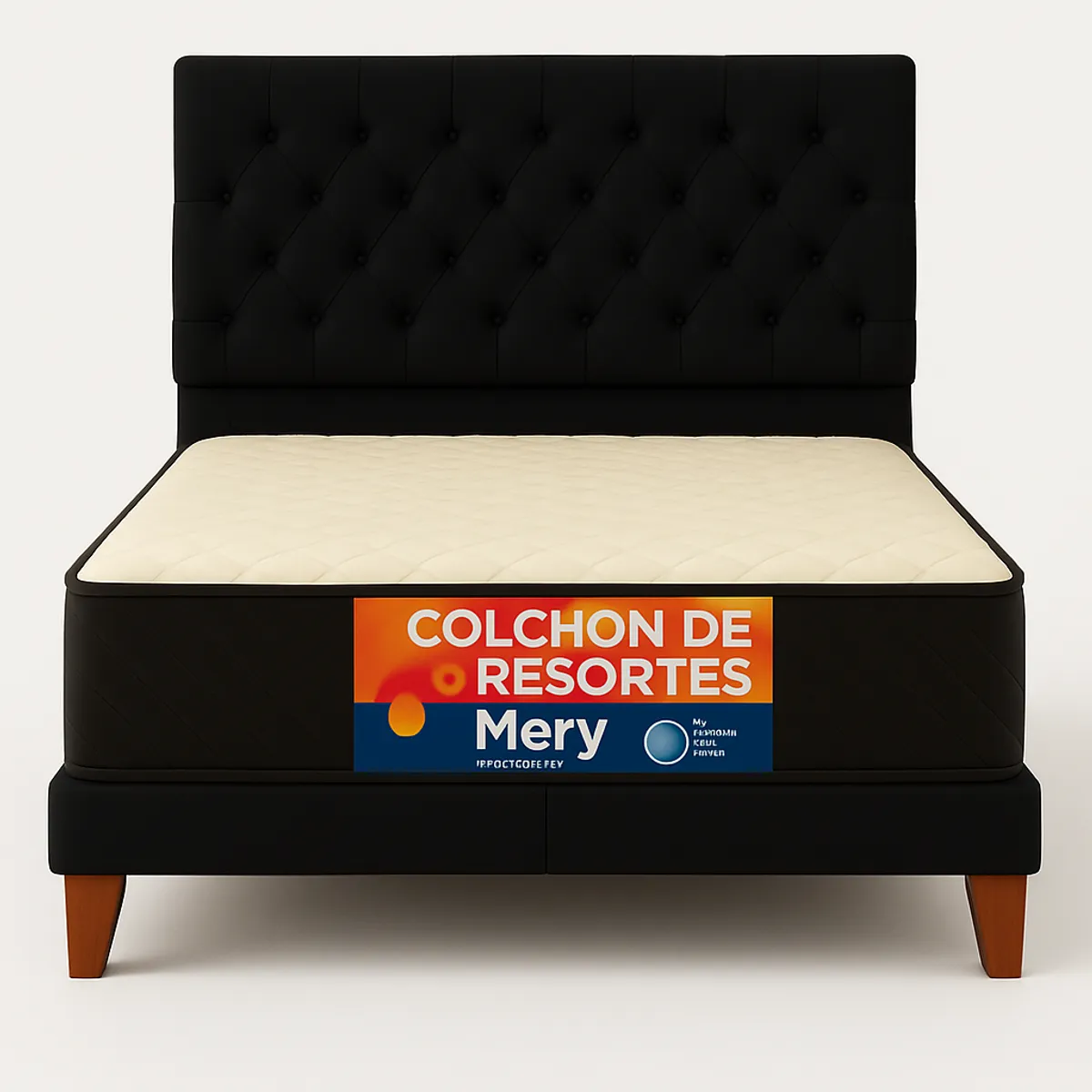 GENERICO - Cama 2 Plazas Modelo Capitone Negro + Colchon Mery Desing