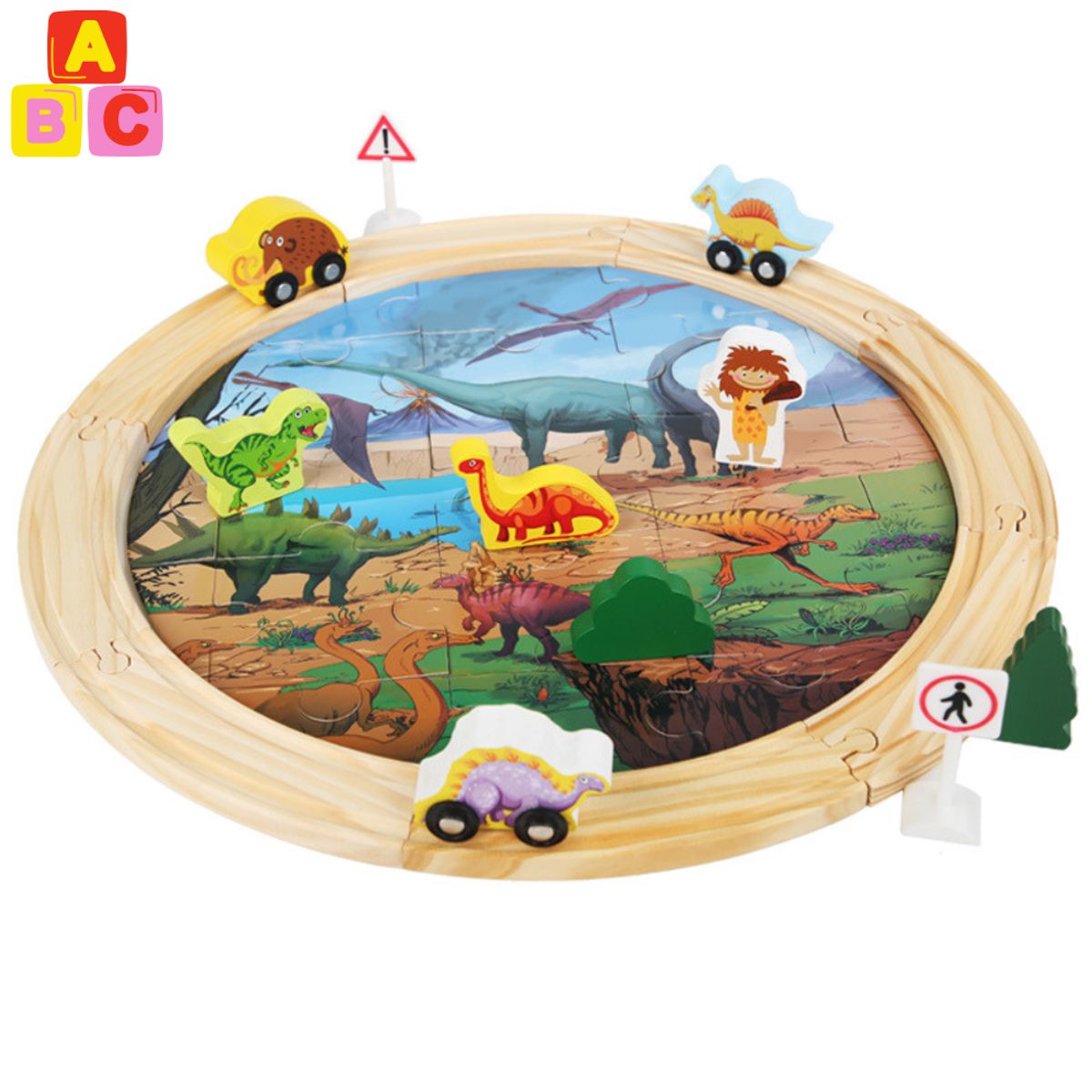 ABC - Tren Dinosaurios 2 en 1 – Puzzle y Circuito de Madera