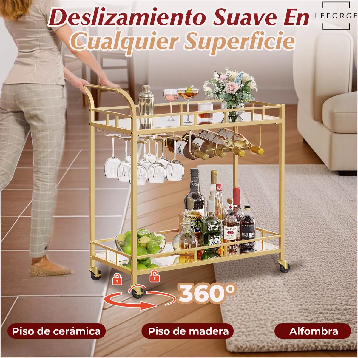 LEFORGE - Carro Bar Cocina Organizador Con Asa Ruedas 2 Niveles Acero