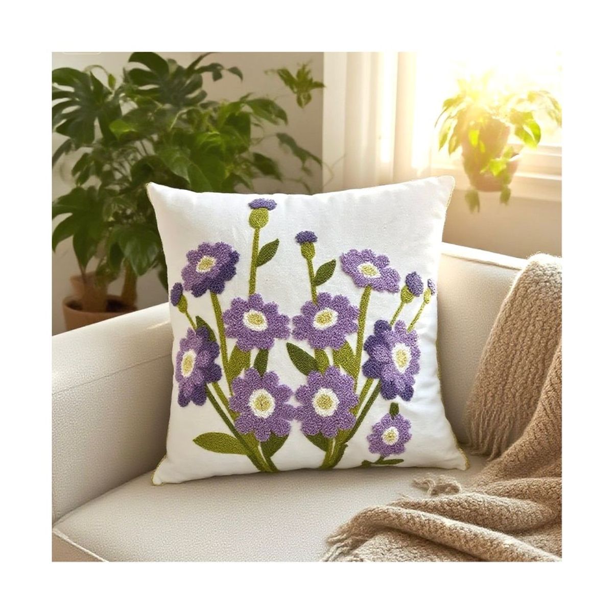 GENERICO - Pack 2 Cojín Funda Relleno Bordado 45 x 45 cm - Flores Moradas