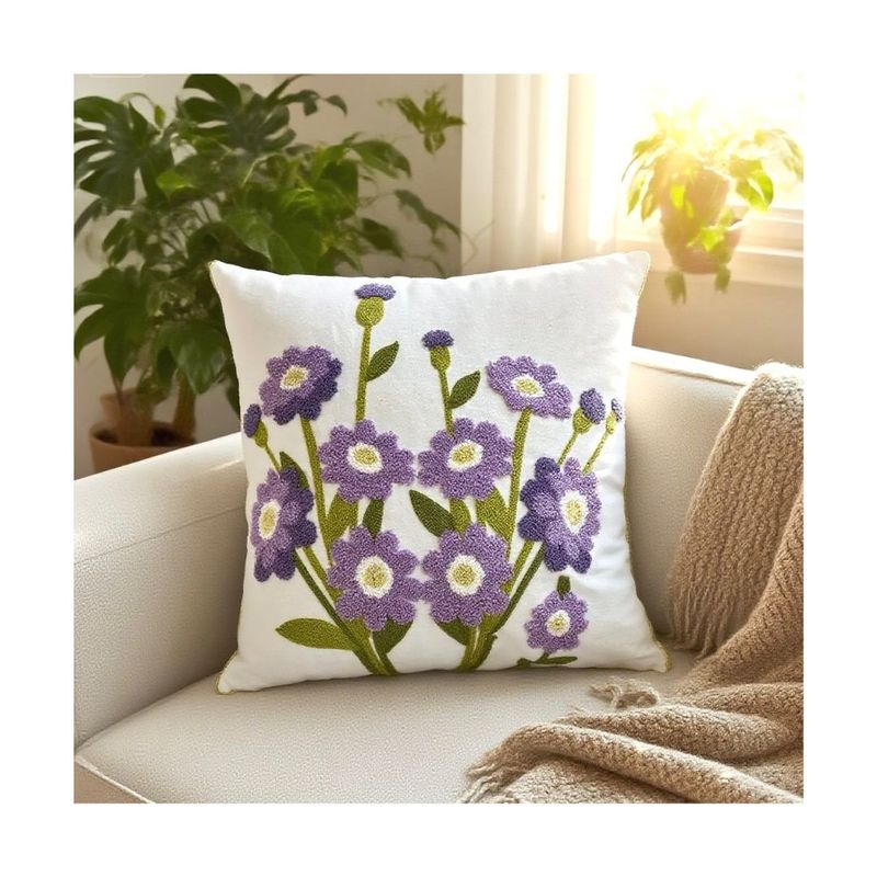 GENERICO - Pack 2 Cojín Funda Relleno Bordado 45 x 45 cm - Flores Moradas