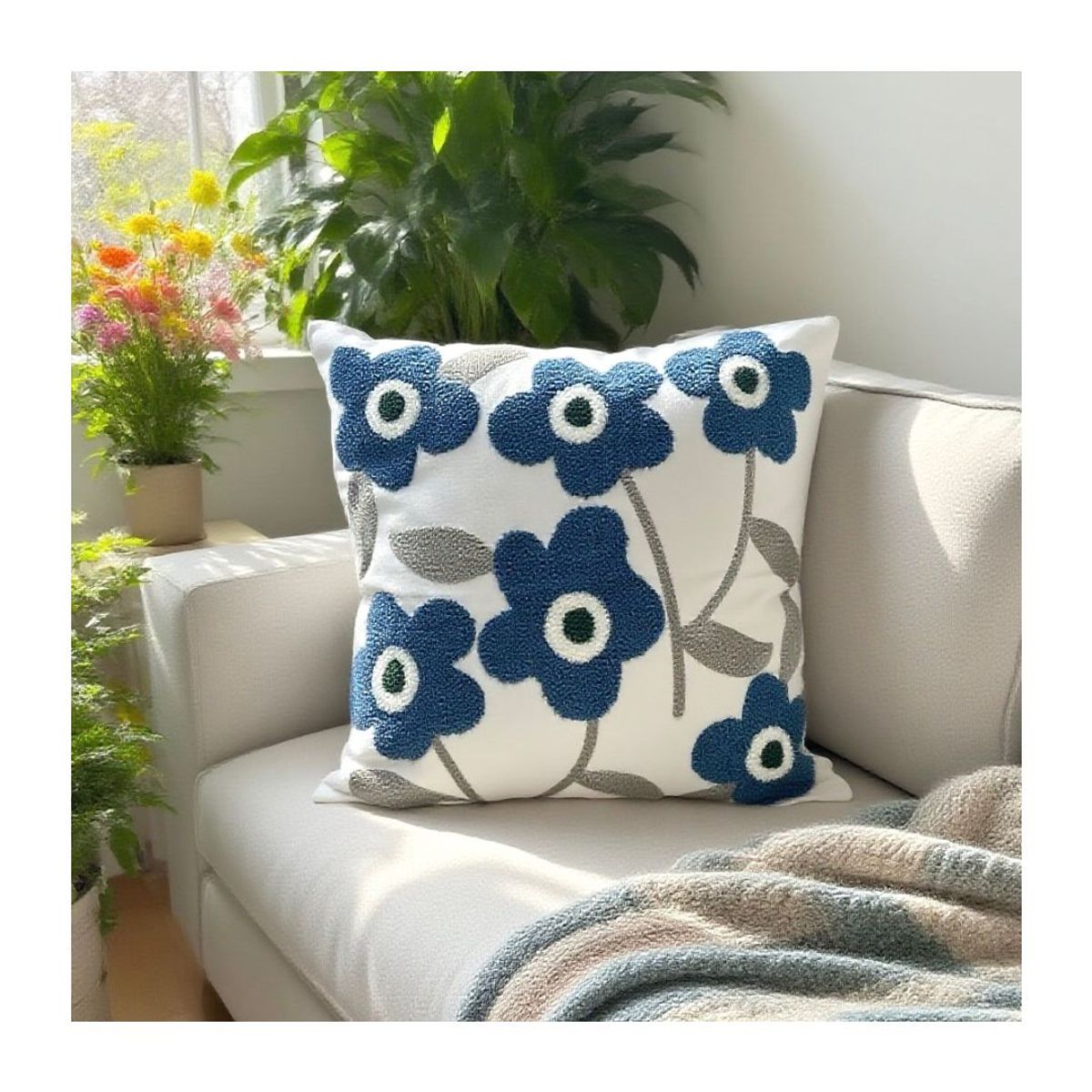 GENERICO - Pack 2 Cojín Funda Relleno Bordado 45 x 45 cm - Flores Azules