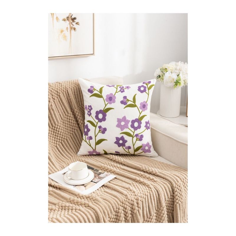 GENERICO - Pack 2 Cojín Funda Relleno Bordado 45 x 45 cm - Flores Moradas