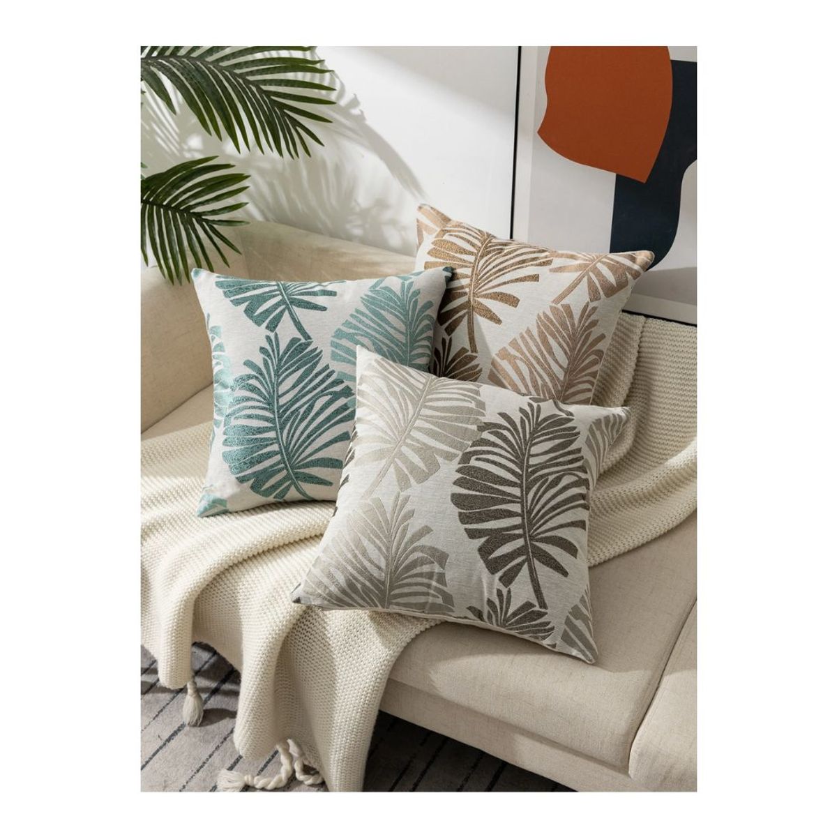 GENERICO - Pack 2 Cojín Funda Relleno Bordado 45 x 45 cm - Hojas Grises