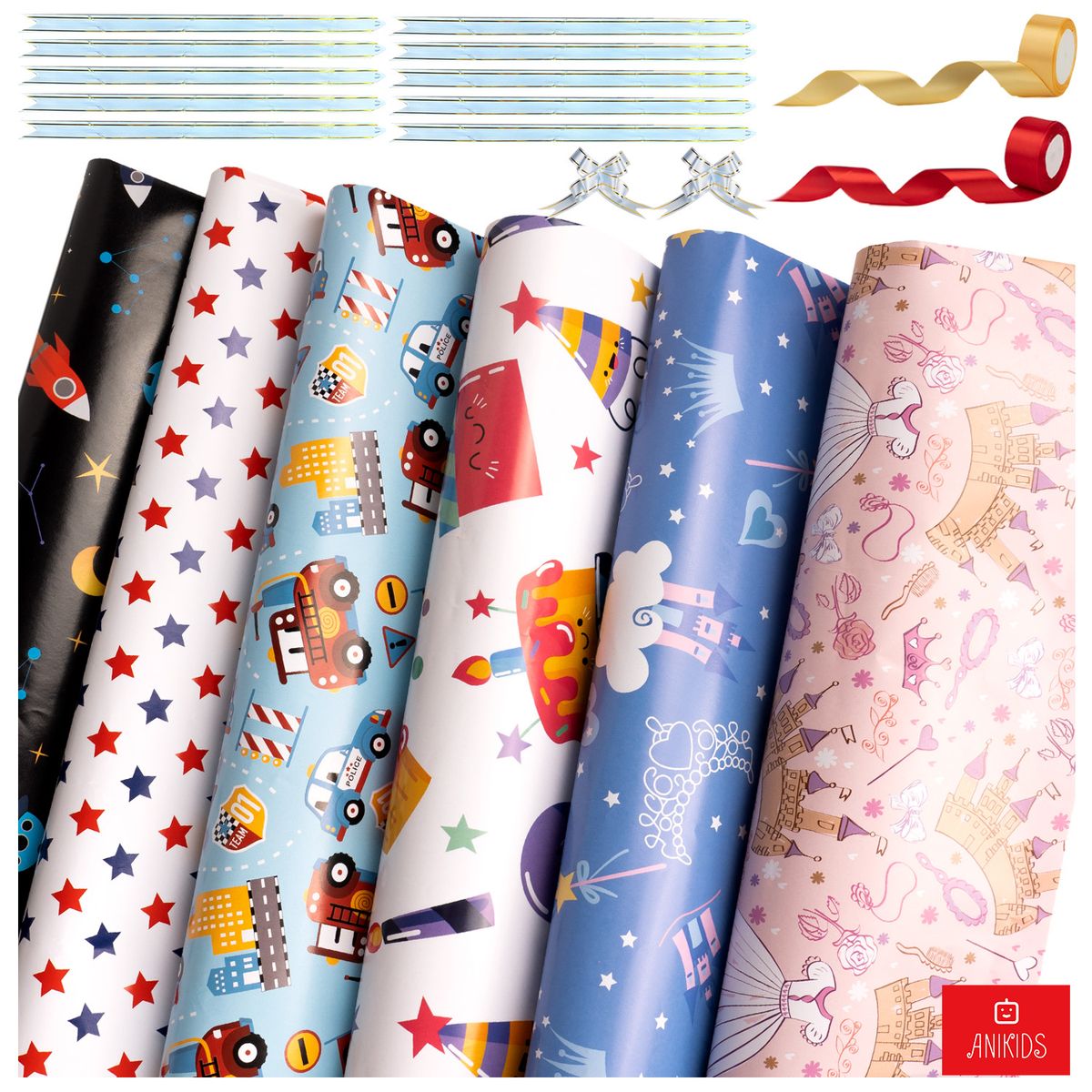ANIKIDS - Set 12 Papel De Regalo Navidad Surtidos Cintas Lazos 75x51cm